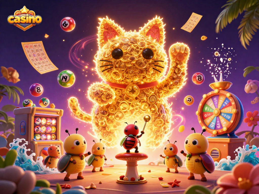 Engaging scene of a lucky cat and fireflies promoting a casino atmosphere with vibrant symbols.