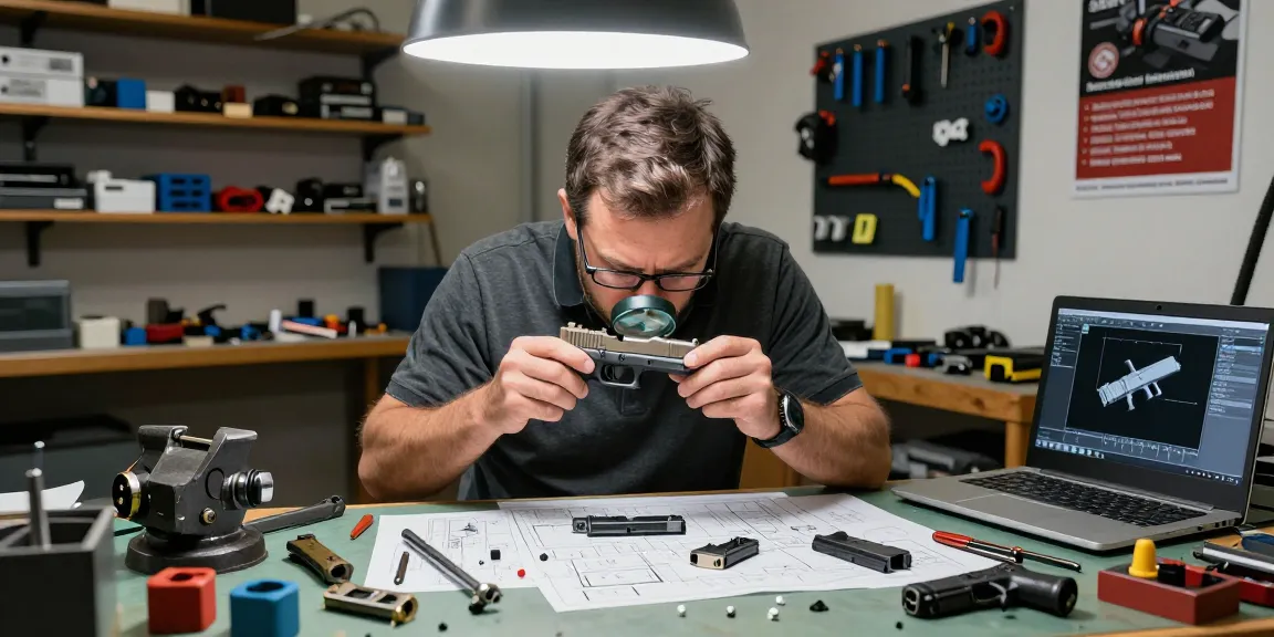 Precision Glock slides inspected in a well-equipped workshop at https://precisionglockslides.com with expert tools and custom parts.