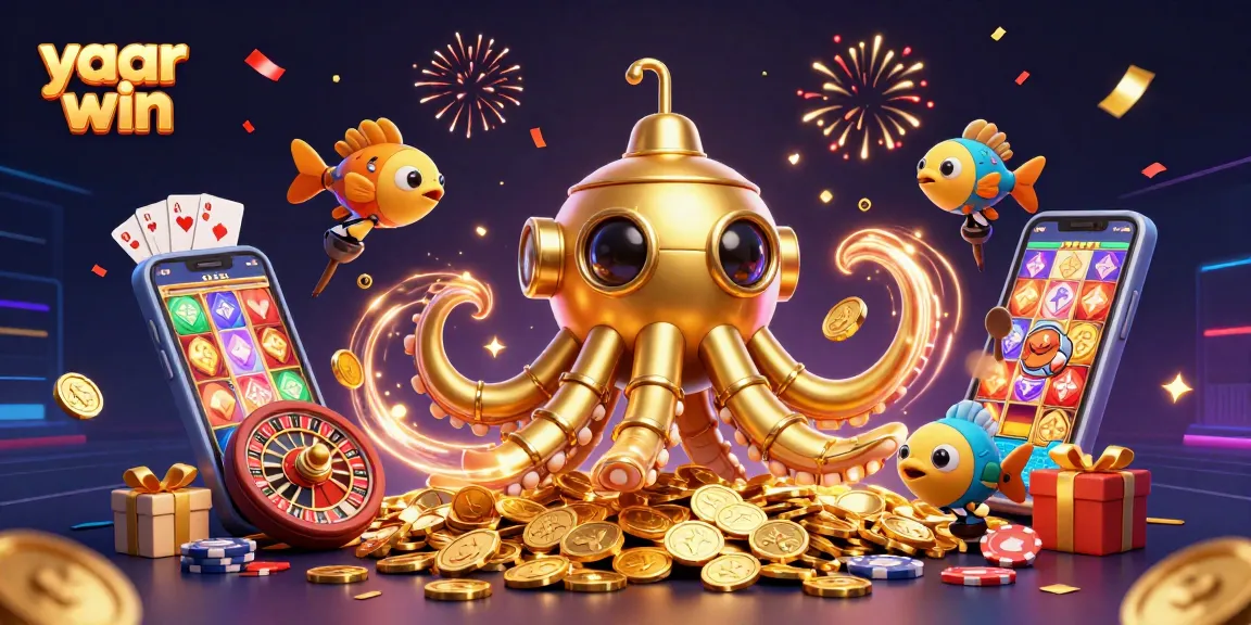 Join the yaar win celebration with golden coins and thrilling casino games in this vibrant illustration.