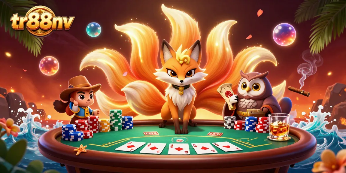Join the excitement at tr88nv with vibrant poker elements and mystical spirits in a dynamic casino scene.