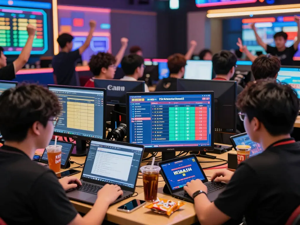 Engaging online betting atmosphere with players eagerly following HK Malam Ini results and digital displays in a dynamic setting.