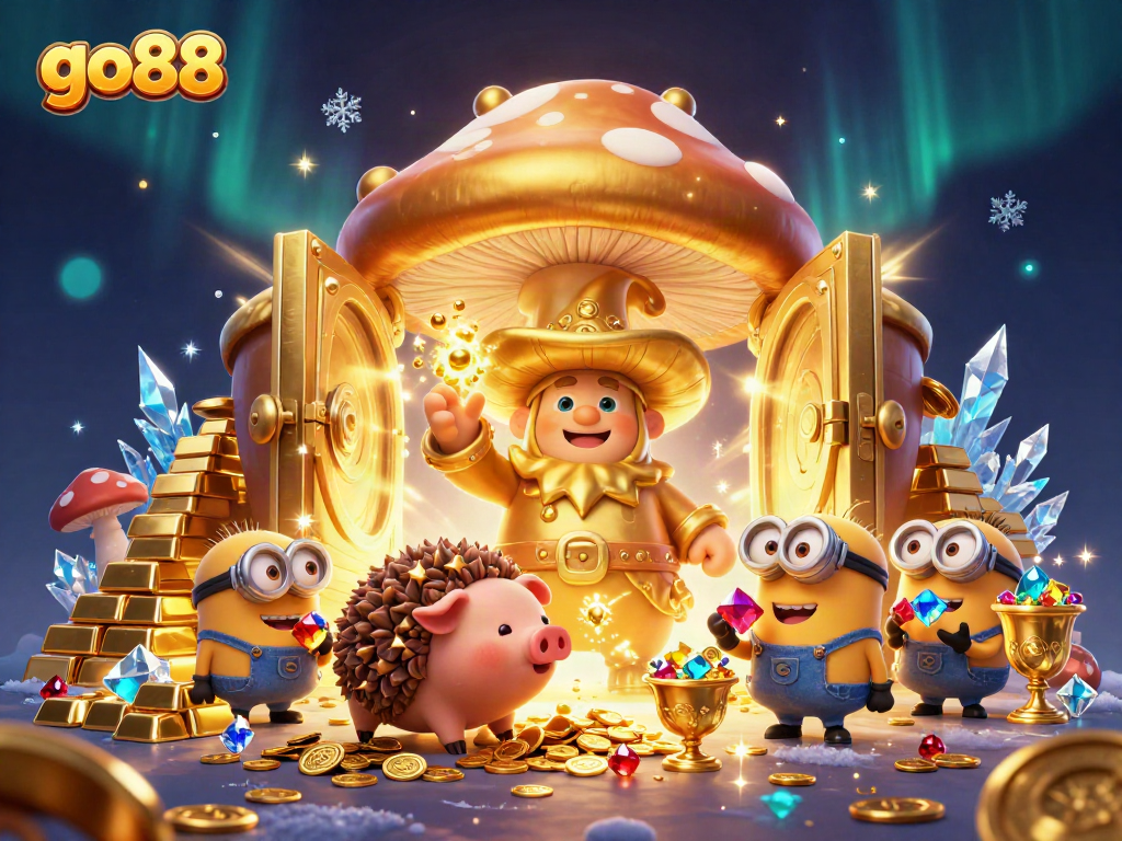 Go88's vibrant 3D scene of magical characters transforming treasures into gold, highlighting casino excitement.