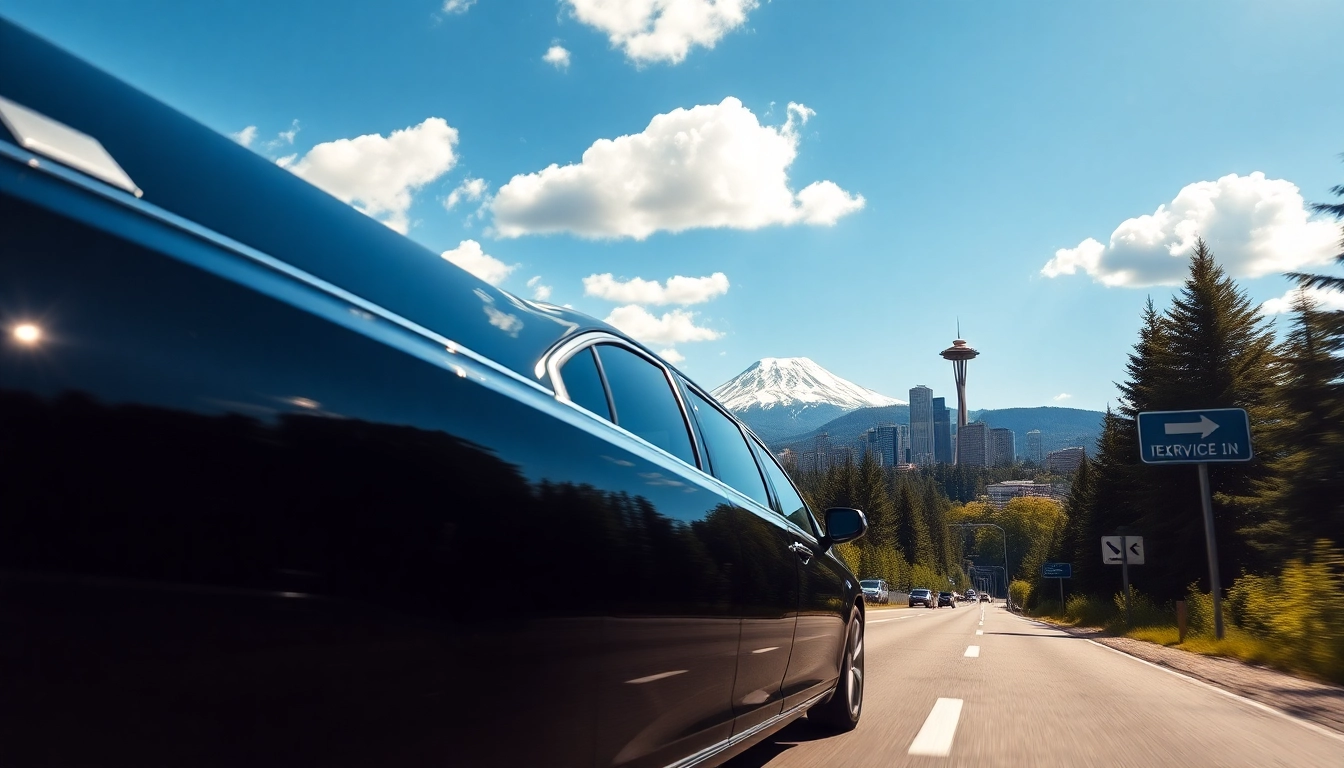 Experience the luxury of vancouver to seattle car service in a pristine black sedan amidst stunning landscapes.