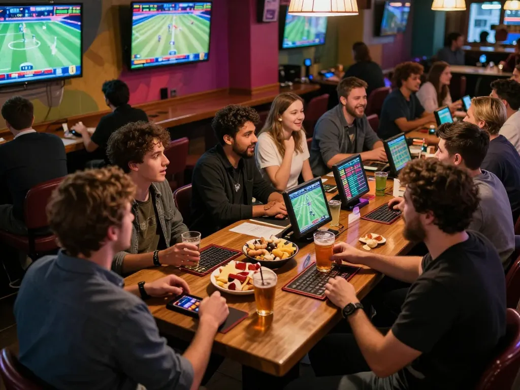 Excited friends place bets on vaobet while watching sports at a lively sports bar.