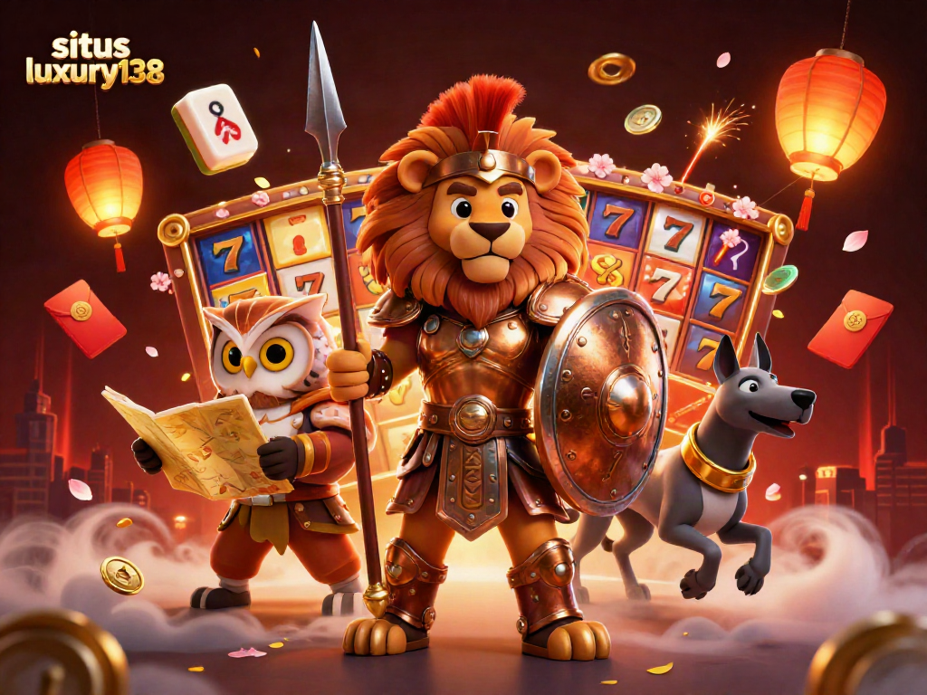 Visualisasi situs luxury138 dengan simbol keberuntungan dan karakter strategis untuk penjudi online.