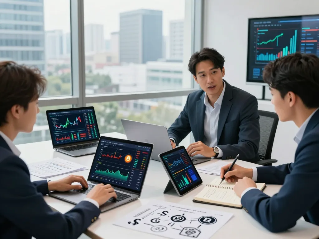 Team discussing crypto earning platform strategies with laptops and charts.