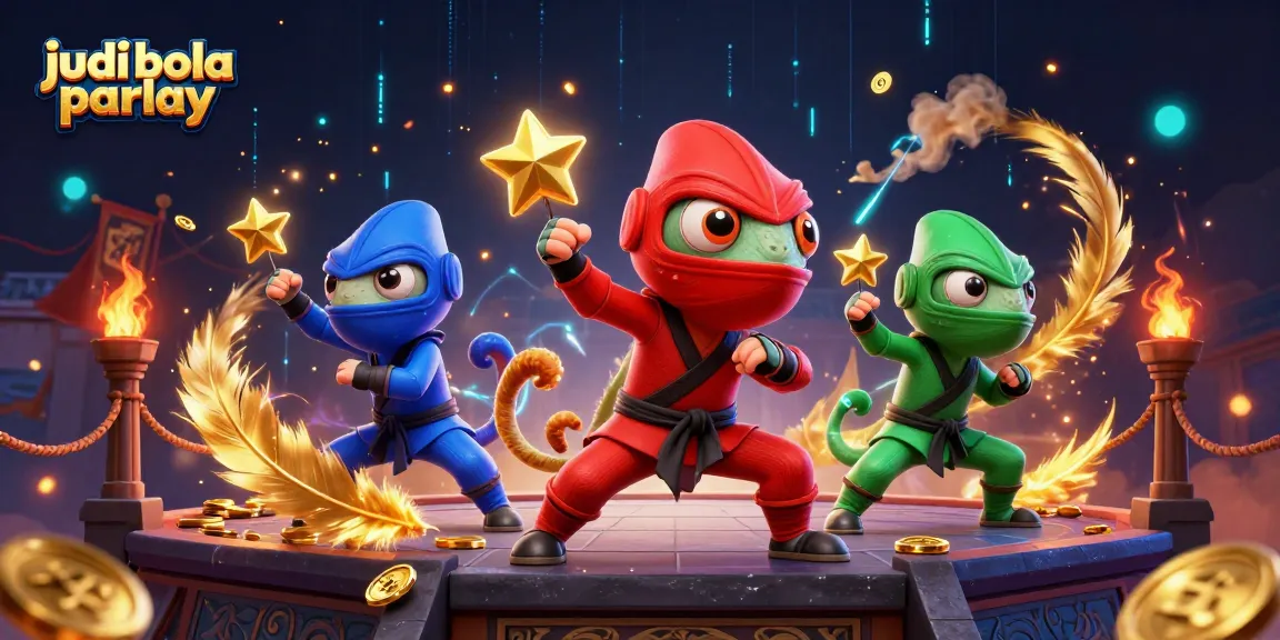 Synchronized martial arts poses by ninja chameleons amidst gold coins and betting elements, showcasing judi bola parlay