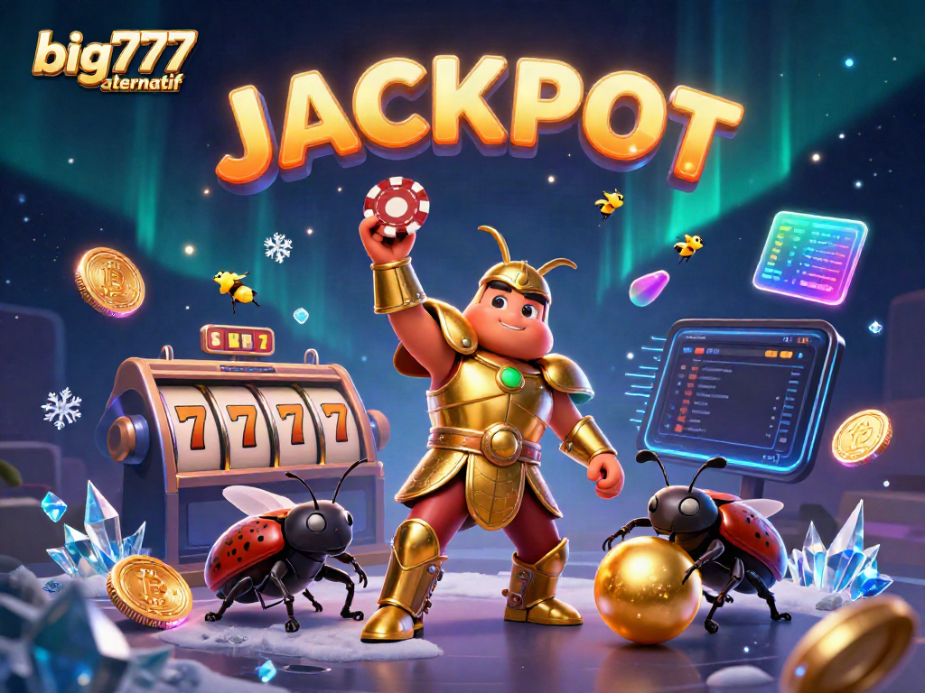 Engage with big777 alternatif showcasing a vibrant jackpot scene featuring cartoon beetles celebrating wins.