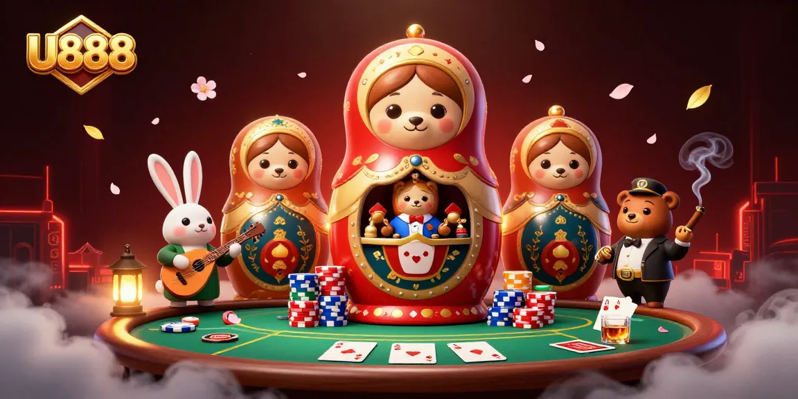 Experience exciting gaming with U888 as charming cartoon bears interact at a festive poker table.