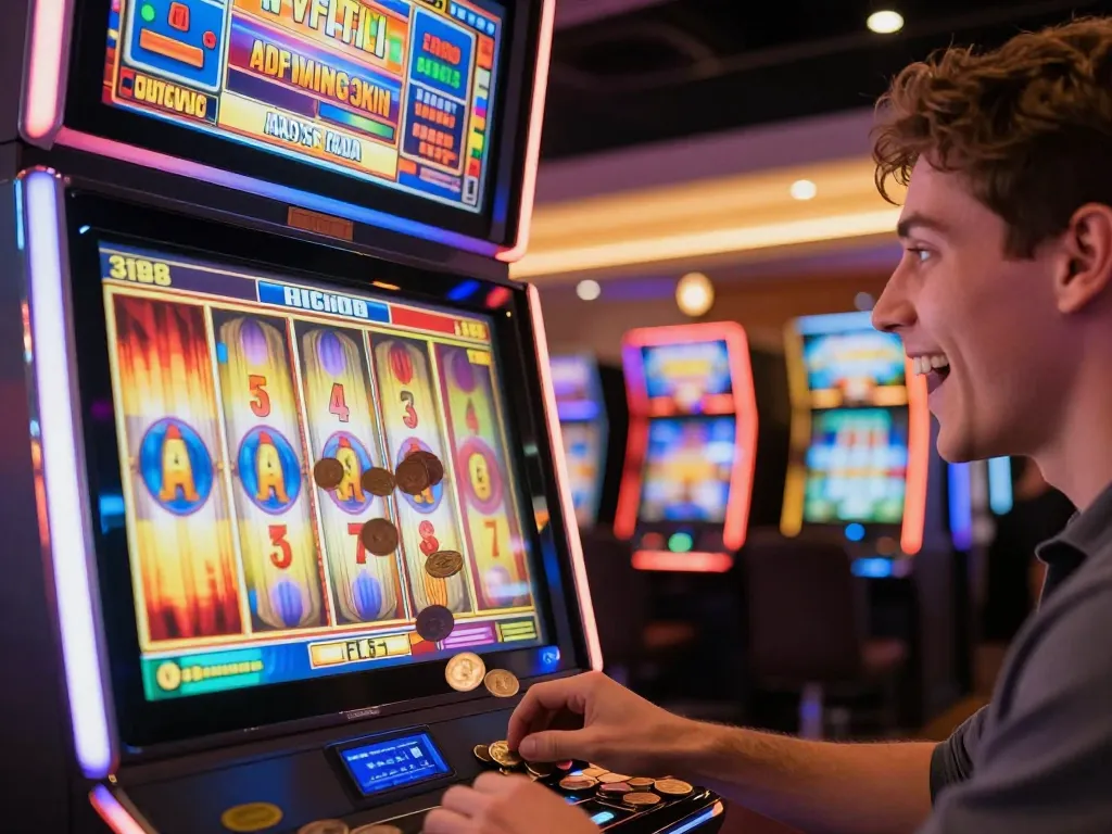 Player celebrating a win at slots not on Gamstop, showcasing excitement in vibrant casino atmosphere.