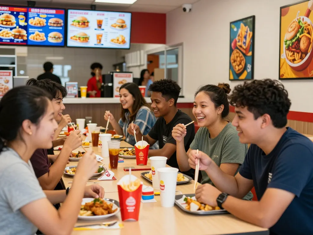 Fast food prices displayed prominently in a busy restaurant with diverse diners enjoying meals together