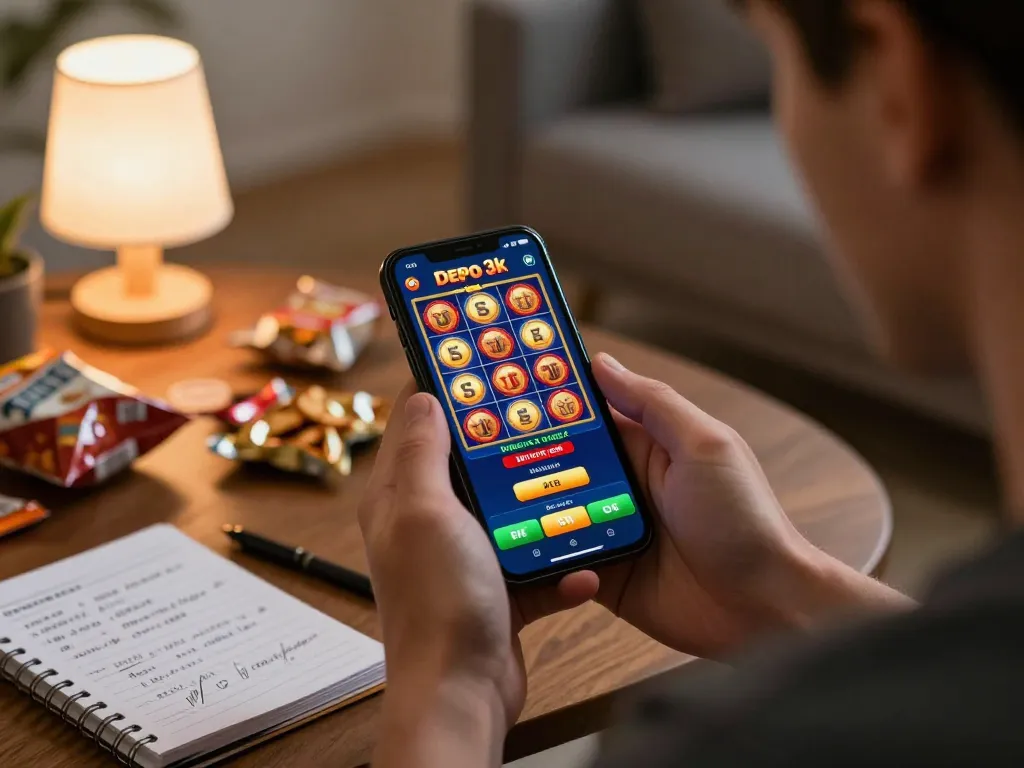 Engaging scene of a player experiencing thrilling slot depo 3k gaming on a smartphone in a cozy home environment.