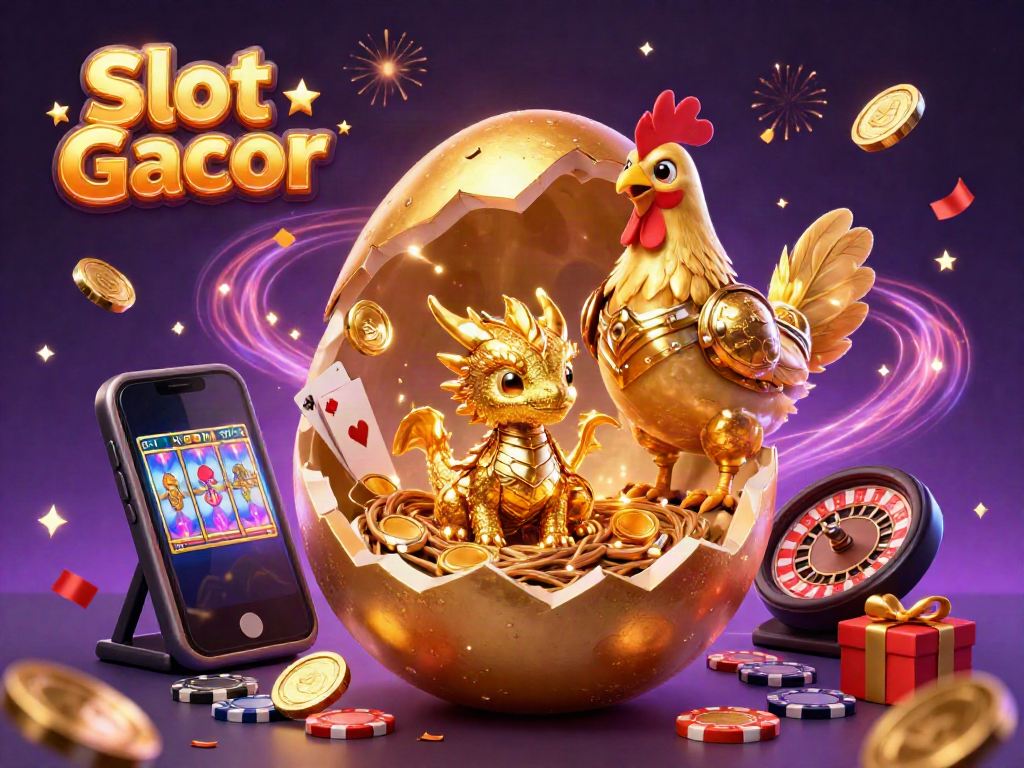 Slot Gacor menampilkan ilustrasi 3D dari telur emas dengan naga kristal, uang poker, dan perangkat permainan lainnya.