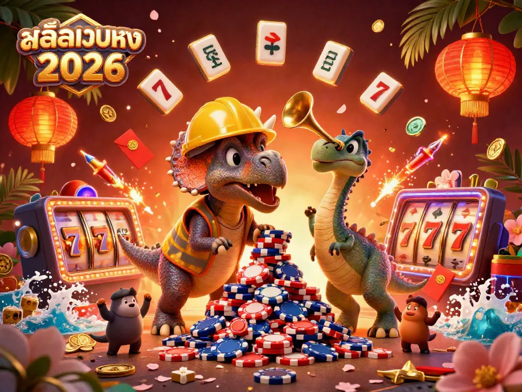 Experience the excitement of สล็อตเว็บตรง 2026 with a triceratops building a poker chip pyramid and celebrating surrounded by slot reels.