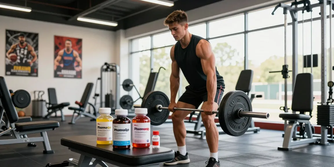 Powerful athlete preparing for a lift surrounded by Pharmaqo Shop products in a vibrant gym.