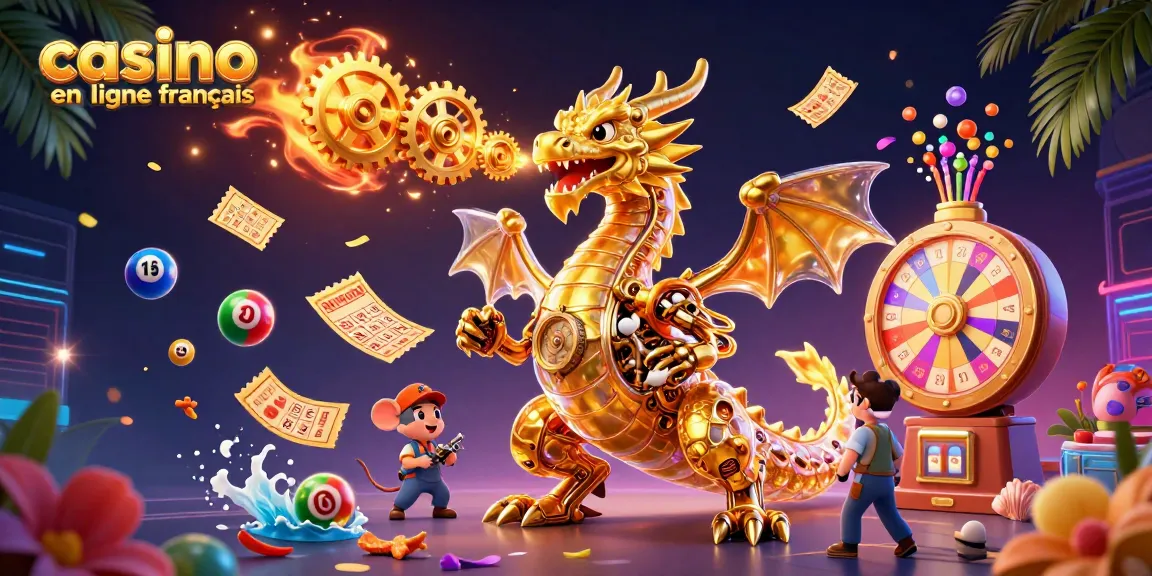 Découvrez l'animation dynamique d'un dragon doré et de jeux au casino en ligne francais.