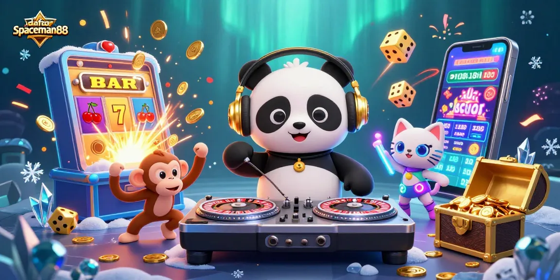 Join the fun at daftar spaceman88 with a DJ panda and rave characters celebrating jackpots in vibrant casino style.