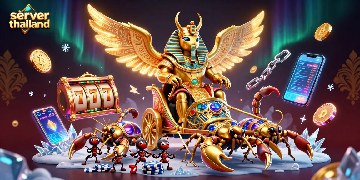 Engage with server thailand featuring a golden scarab beetle and vibrant slot reels for jackpot excitement.