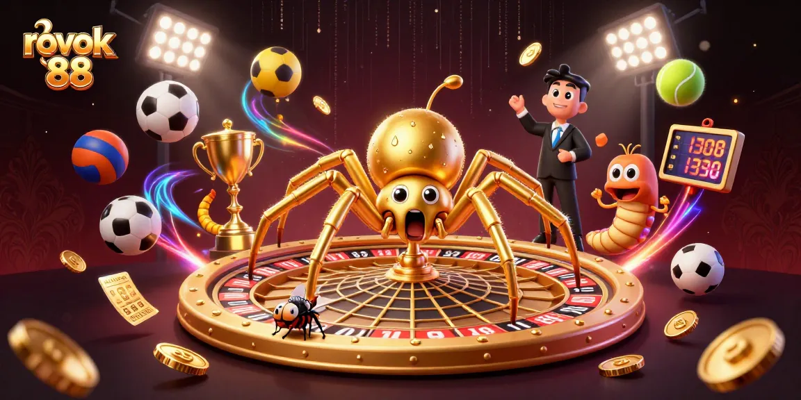 Experience the thrill of rokok 88 as a golden spider spins a roulette web in this vibrant casino scene.