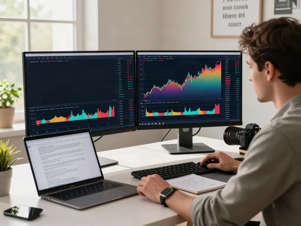 Trader using TradingView in a modern home office during afternoon light.