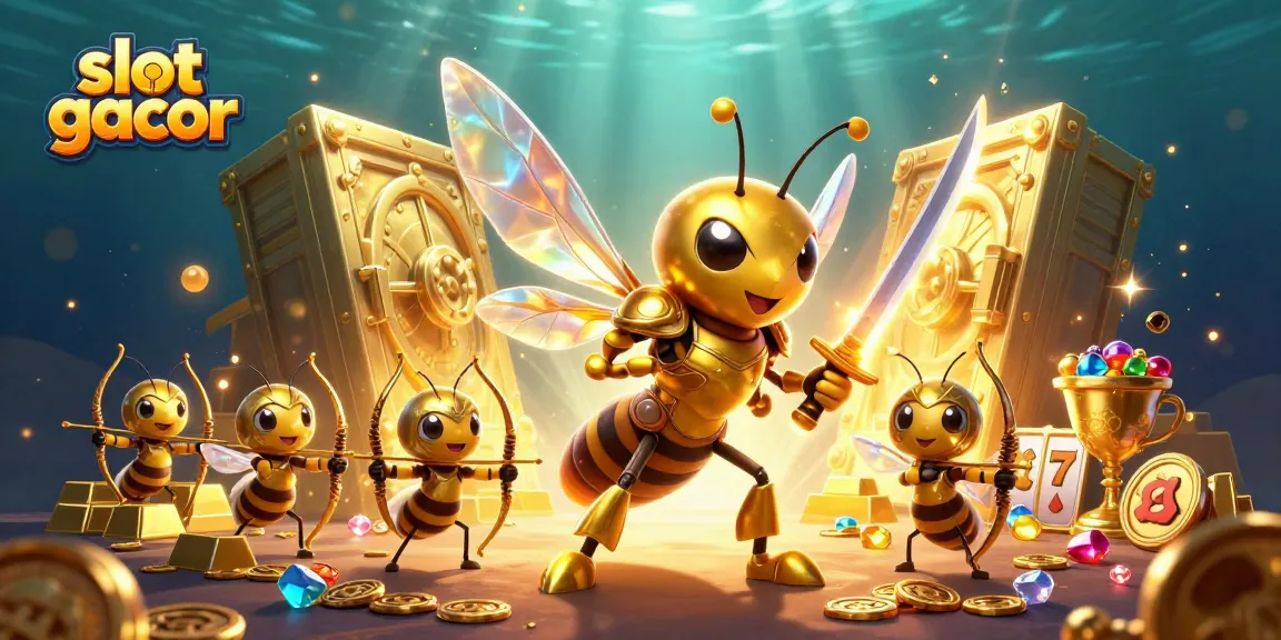 Engage with slot gacor featuring a golden hornet samurai and bee archers amid treasure and slot game elements.