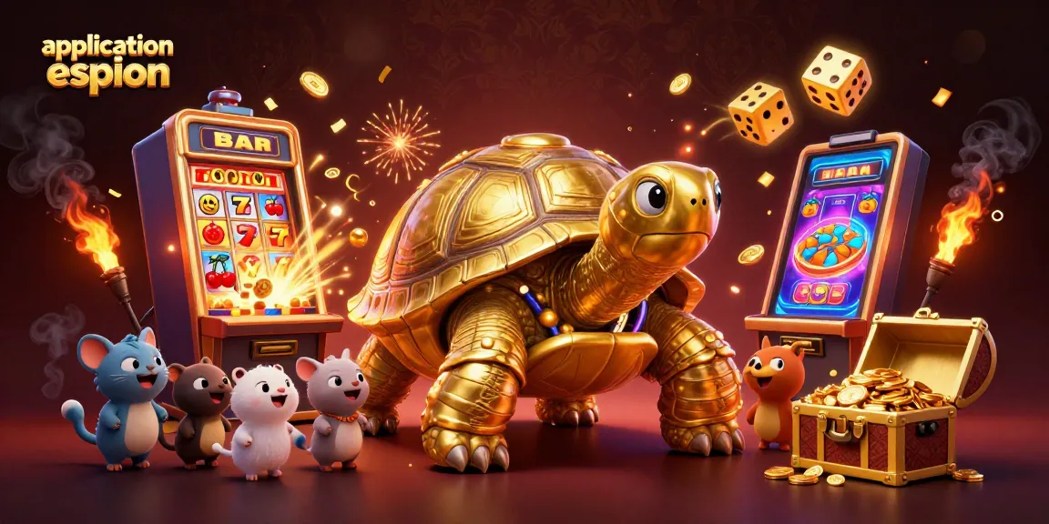 Jouez à application espion avec une tortue dorée et des machines à sous animées le remplissant de pièces.