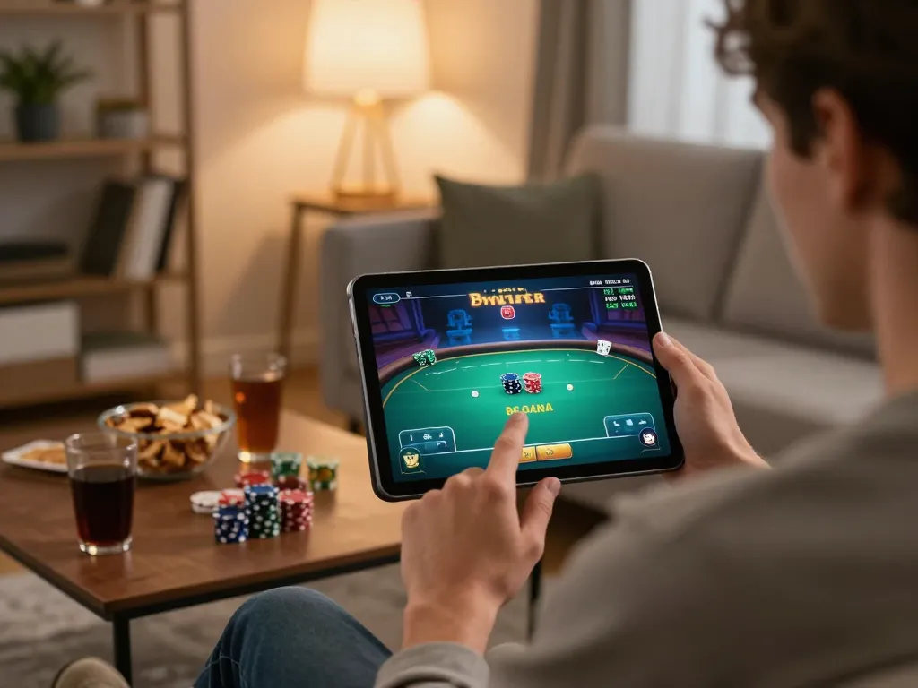 Player enjoying online poker at home with LC88 app on tablet in cozy living room