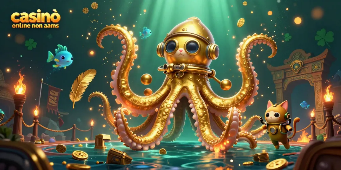 Giocando ai casinò online non AAMS, un kraken e un gatto sottomarino danzano tra oro e premi.