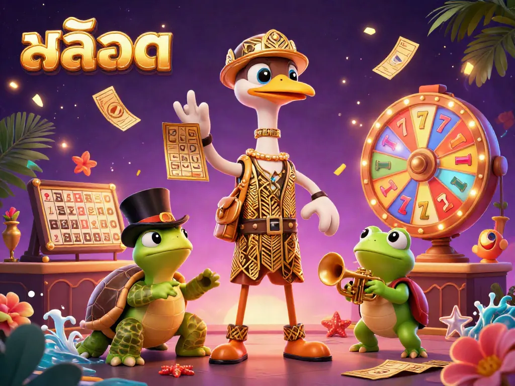 Engage with สล็อต through a vibrant 3D casino scene featuring colorful slot reels and lively characters.