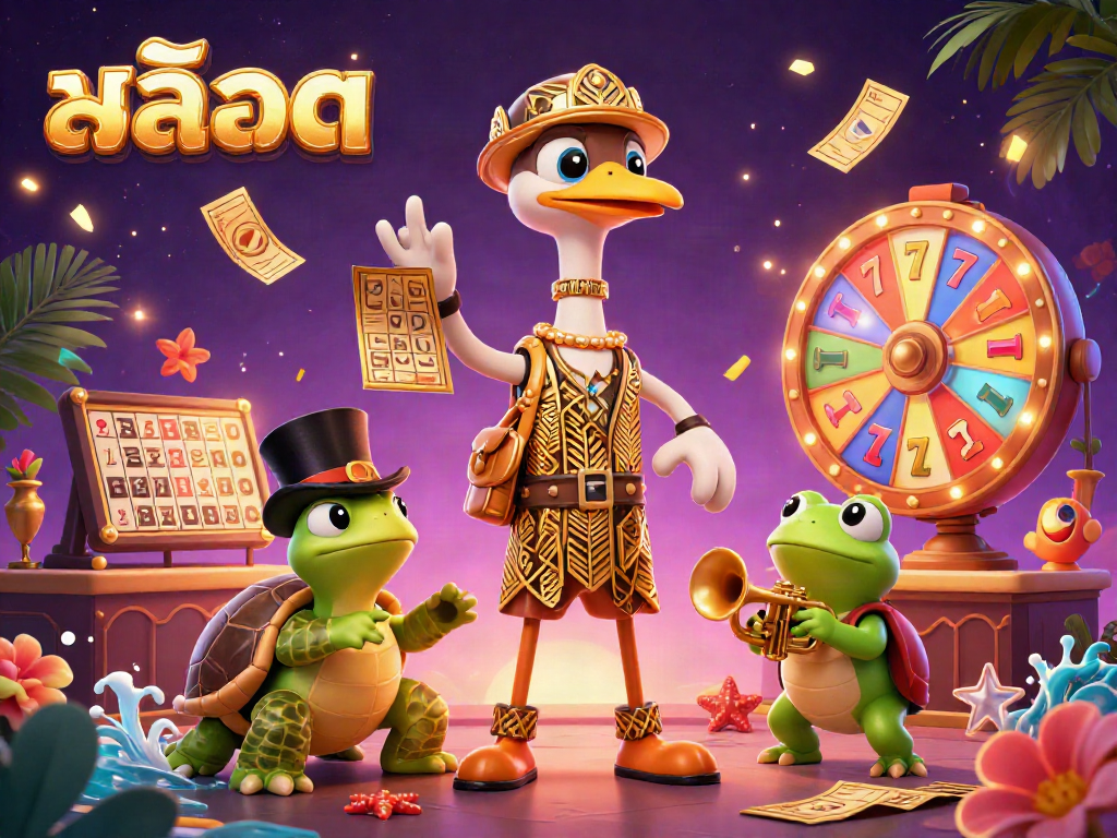 Engage with สล็อต through a vibrant 3D casino scene featuring colorful slot reels and lively characters.