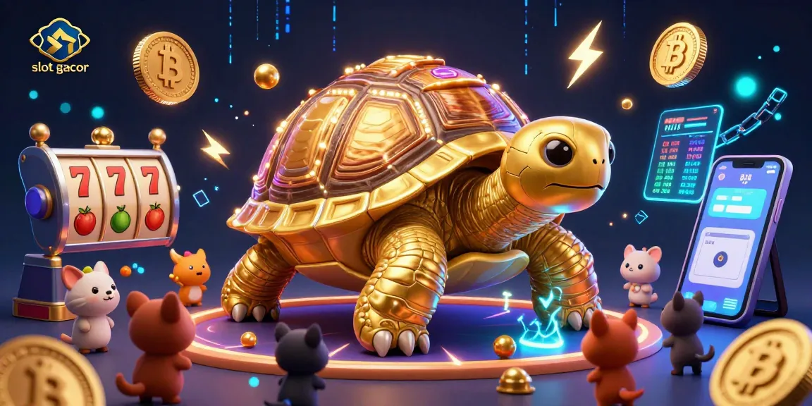 Engage with slot gacor in this animated 3D scene featuring a golden tortoise and vibrant game elements.