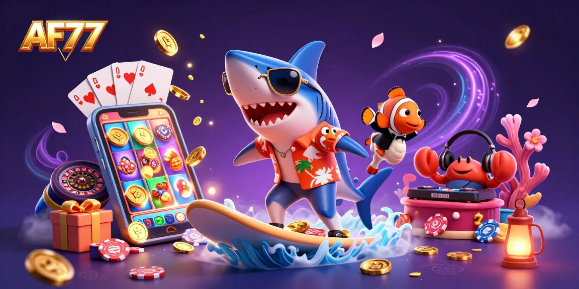 Experience the thrill of online gambling with AF77's vibrant 3D casino scene featuring a shark, seahorse, and crab DJ.