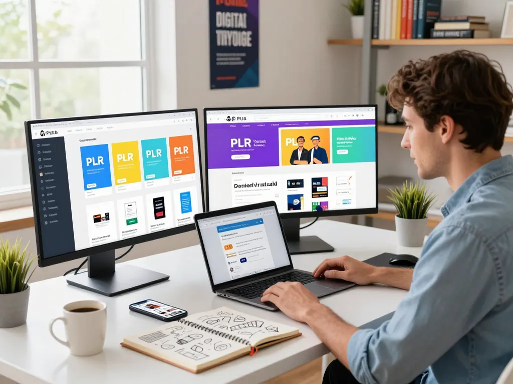 Buy PLR Products Online in a vibrant workspace where an entrepreneur explores digital products on multiple screens.