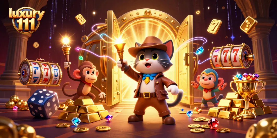 Discover luxury 111 treasures and excitement in this vibrant casino world illustration.