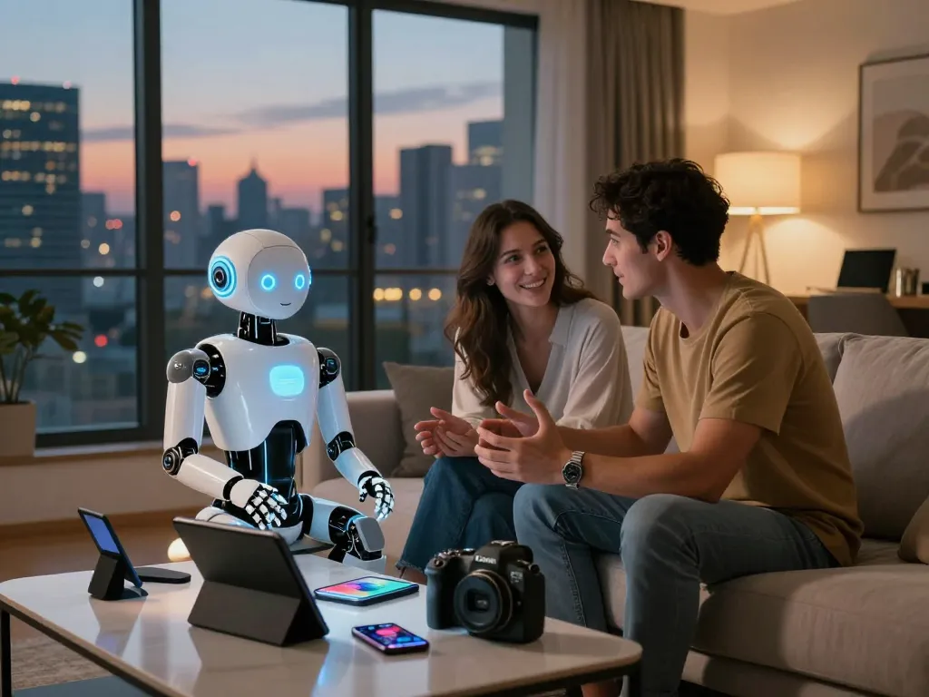 Couple discussing ai sex with an AI robot in a cozy living room.