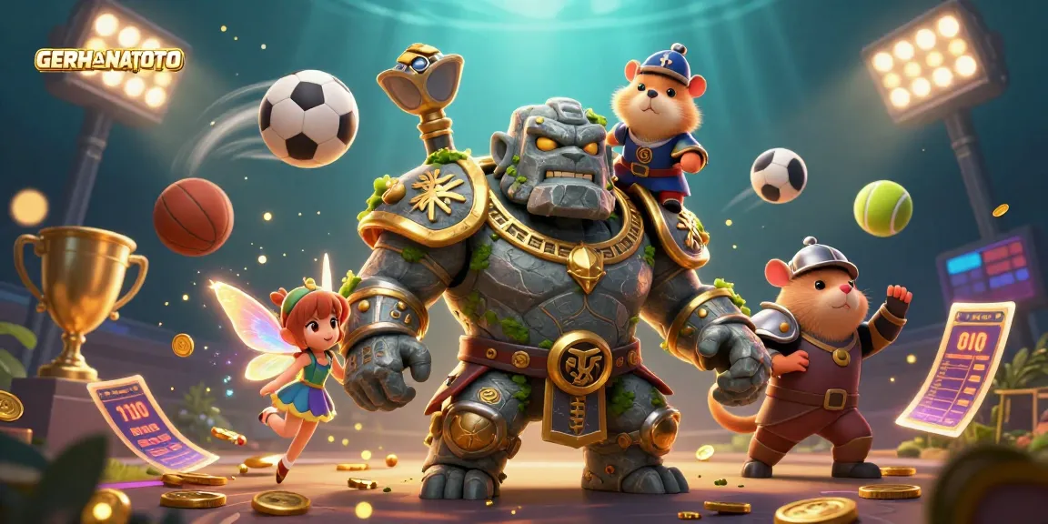 Menangkan pengalaman bermain di GERHANATOTO dengan ilustrasi 3D yang menampilkan golem dan karakter menarik.