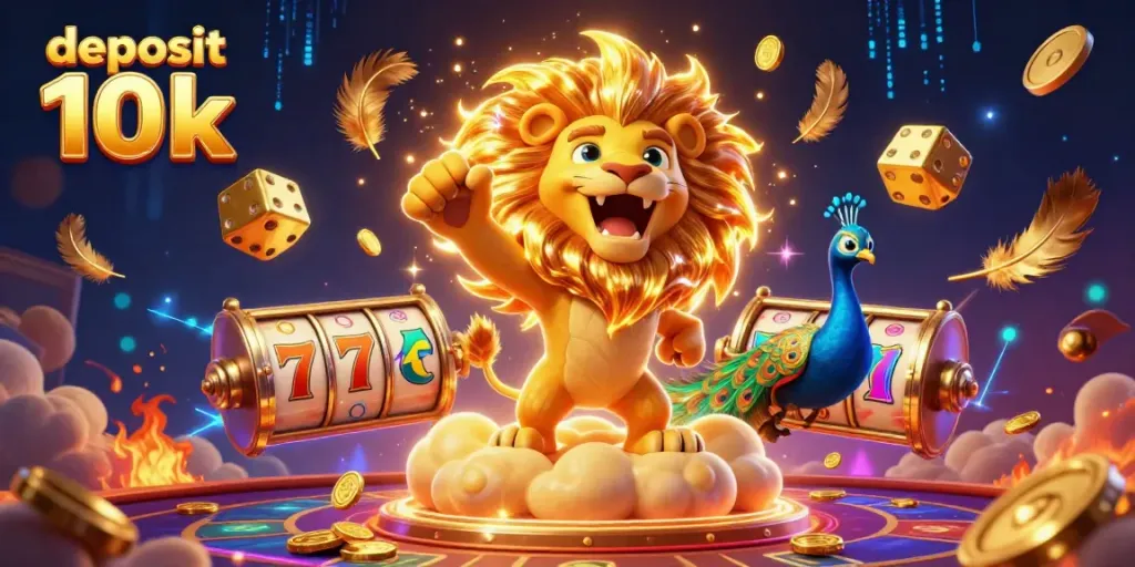 Bermain deposit 10k di kasino dengan singa 3D, dadu emas, dan simbol slot bertaburan uang emas.