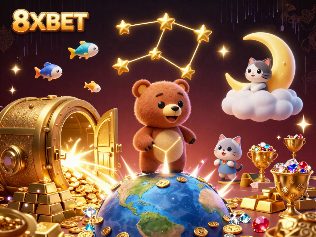 Experience vibrant gameplay with 8XBET, featuring treasures and animated characters in a dynamic casino scene.