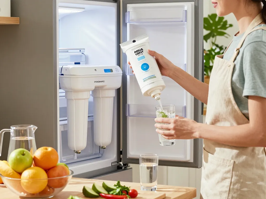 AQUA CREST WF1CB Replacement for Frigidaire® PureSource WFCB® filter prominently displayed in a bright kitchen while a homeowner prepares fresh water.