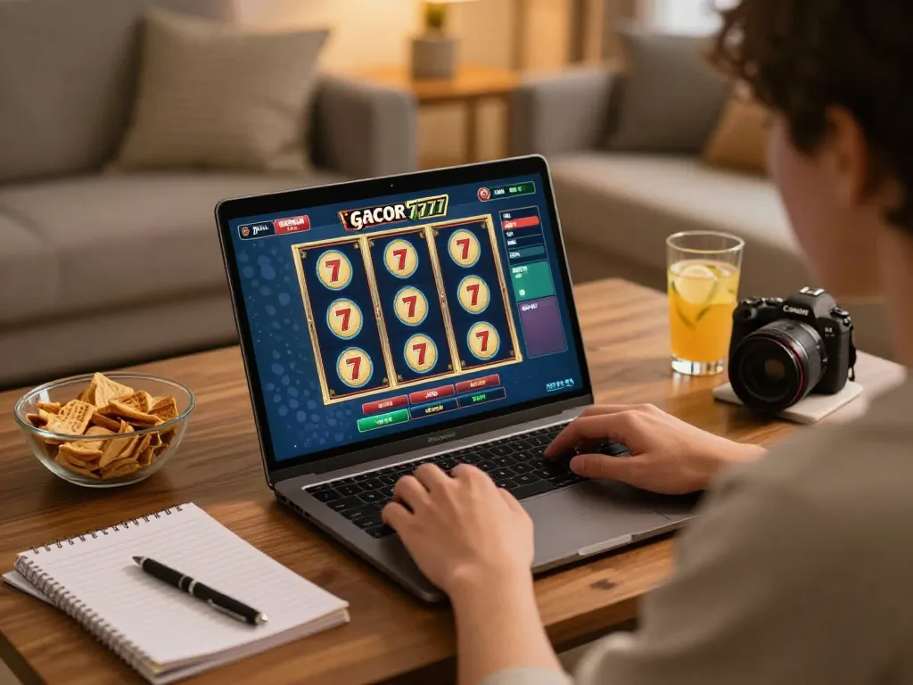 Playing slot gacor 777 on a laptop in a cozy home setting with snacks and strategy notes visible