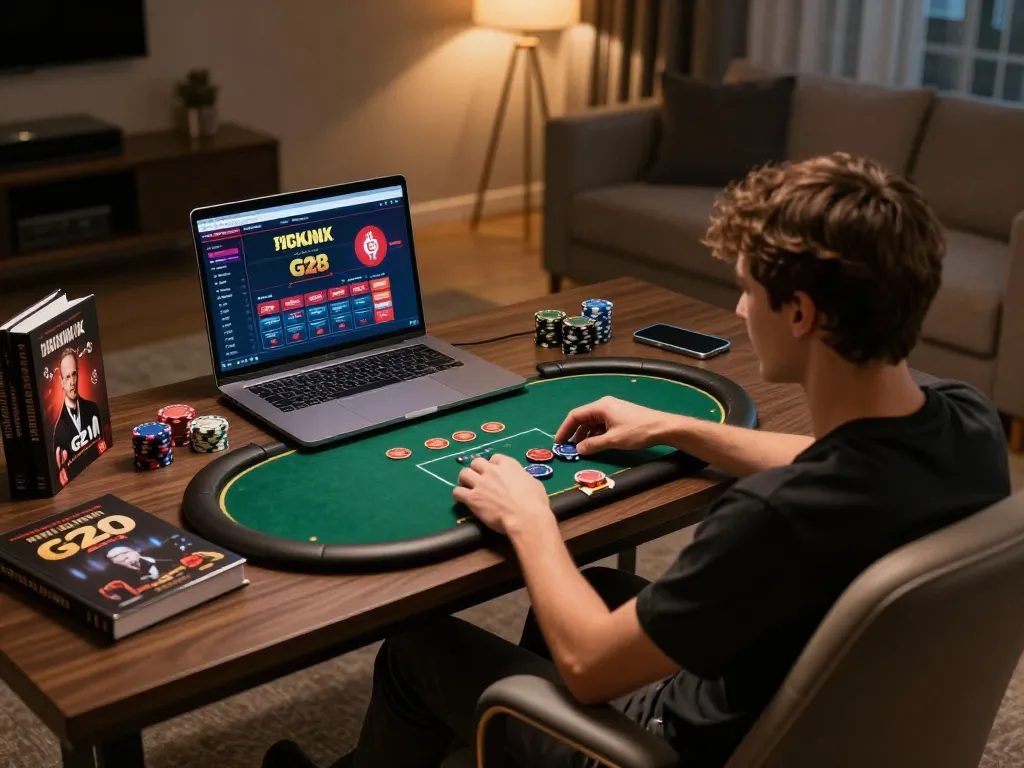 Engaging in online poker at G28, showcasing strategy within a cozy home setting