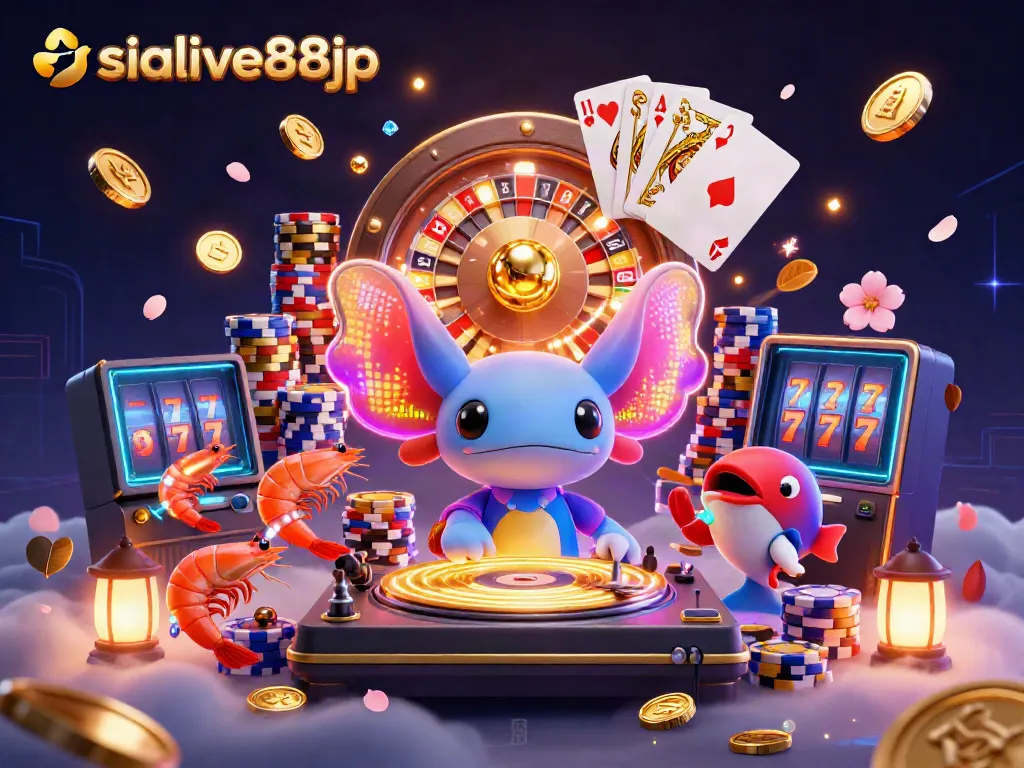 Experience the vibrant excitement of asialive88jp with a dazzling underwater casino scene featuring a neon-colored DJ and animated characters.