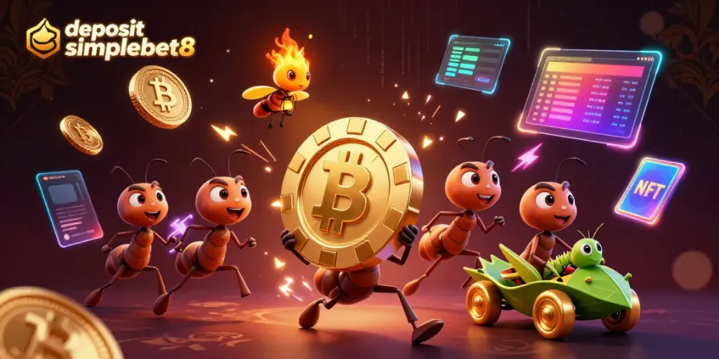 Engage with deposit simplebet8 while a team of ants carries a giant poker chip in a 3D illustrated scene.