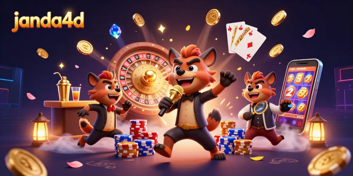 Janda4D menyuguhkan momen seru di kasino dengan hyena humoris, koin emas, dan mesin slot beruntung.