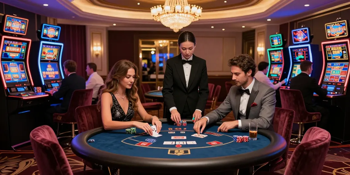 Di dalam permainan kasino mewah, pasangan bermain kartu di meja poker dengan suasana elegan, menampilkan luxury12.