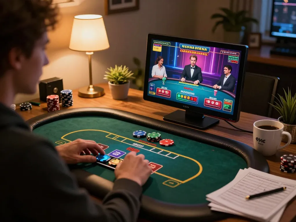 Permainan poker yang menarik di server Thailand, seseorang menganalisis strategi selama sesi online.