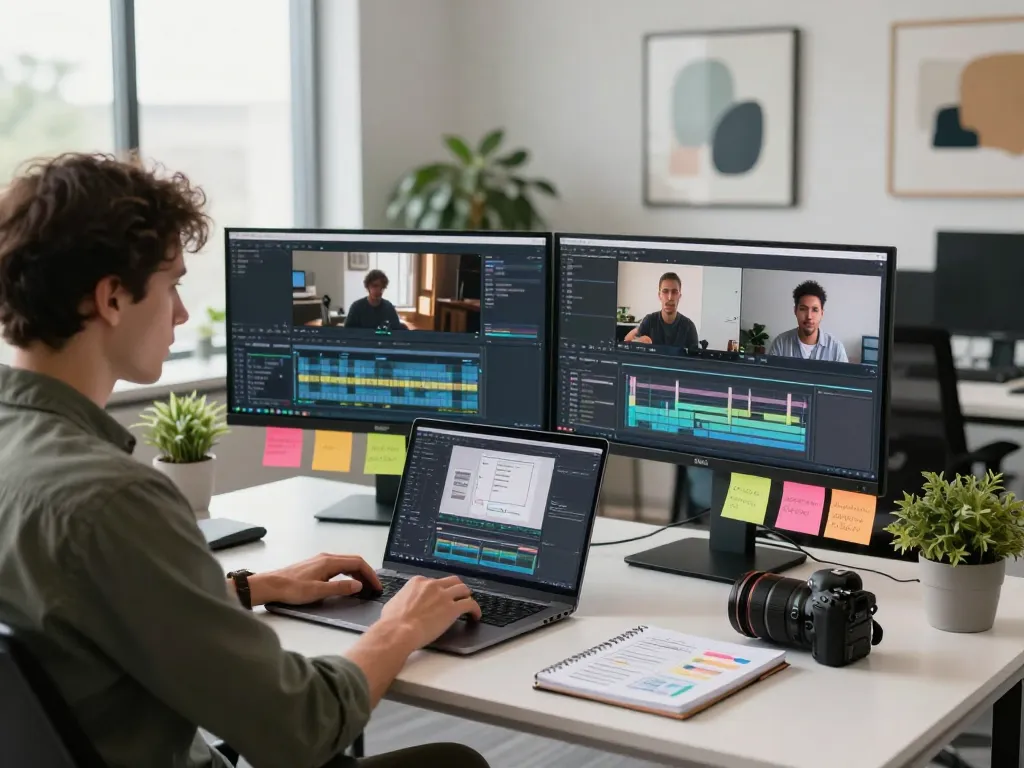 Engaged professional at a modern desk using video to promptgenerator tools for efficient content creation.