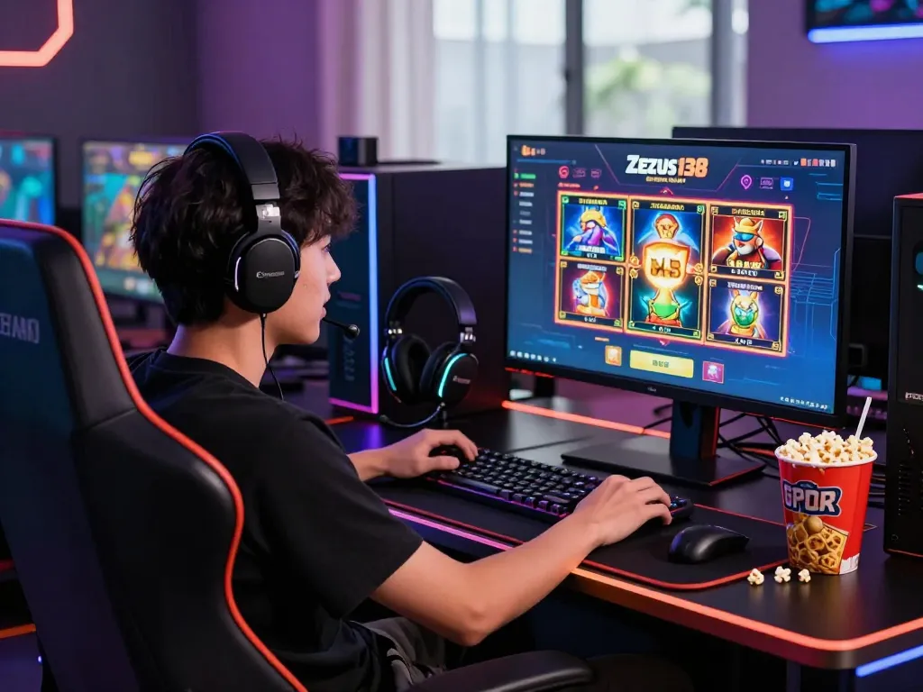 Excited player engaging with slot gacor games on Zeus138 platform, showcasing vibrant gaming environment.