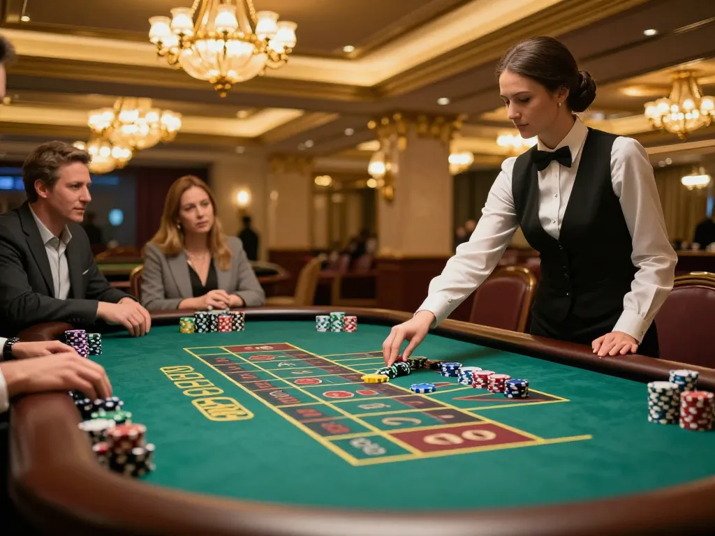 Engaged players strategizing at the roulette table in fabet casino environment, vibrant atmosphere, luxury decor.