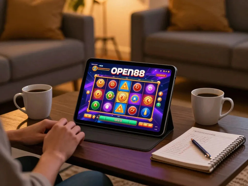Open88 users enjoying slot games on a tablet, showcasing colorful graphics in a cozy setting